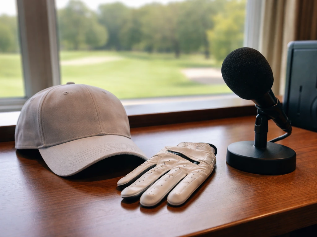 A golf clubhouse office scene with a PGA-style cap and a focused microphone setup symbolizing sports media profiling