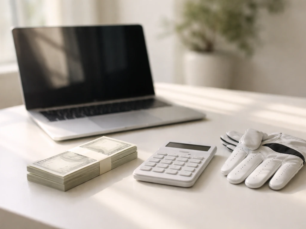 Minimal desk scene with a closed laptop and golf accessories beside a calculator, suggesting verified PGA earnings.