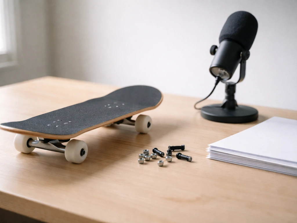 Close-up of a skateboard deck on a desk beside a microphone and neatly stacked documents