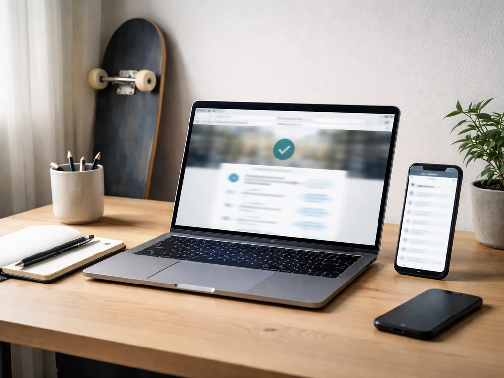 Minimal home-office desk with an open laptop and skateboard, symbolizing an official business website profile.