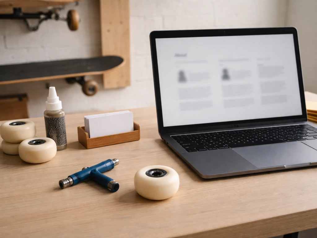 Minimal skateboard workshop desk with wheels and laptop showing blurred partner page, no readable text.
