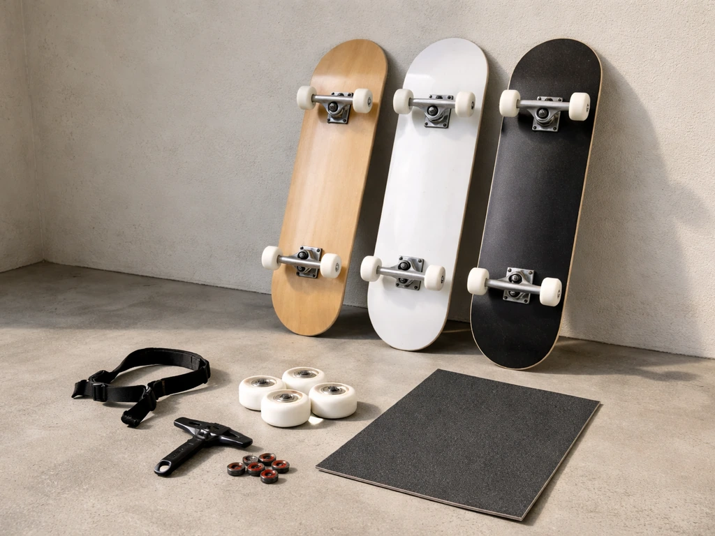 Skateboard boards and wheels with small accessories arranged neatly on concrete floor.
