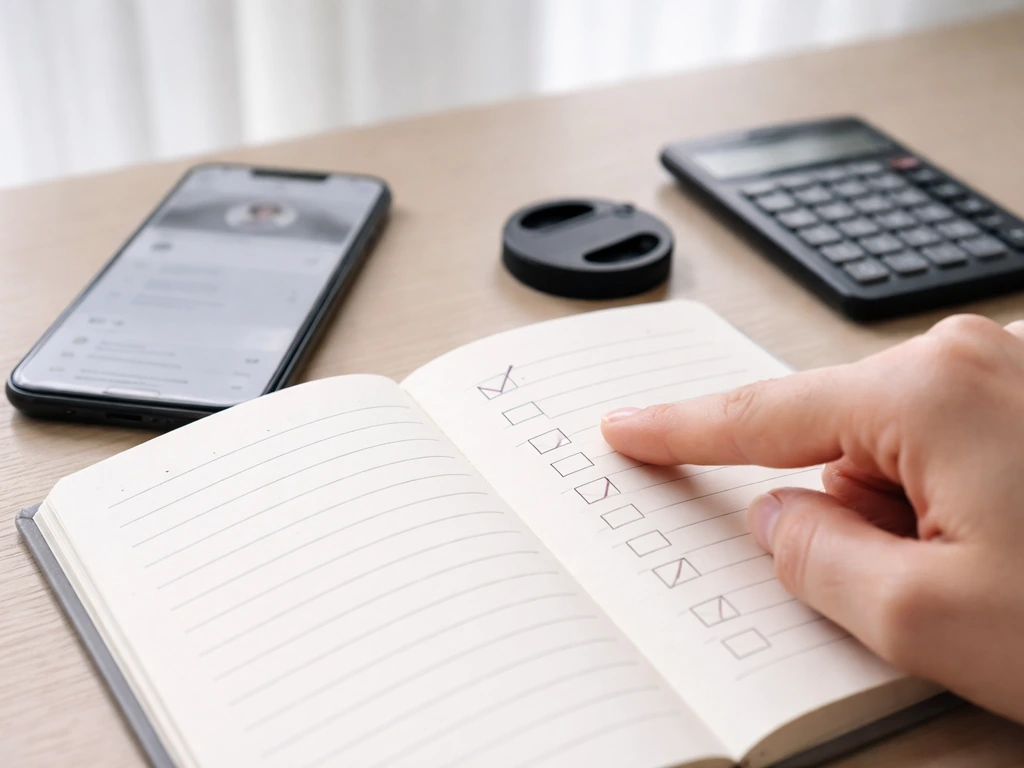 Minimal desk scene with smartphone and checklist notebook suggesting verifying an estimate online.
