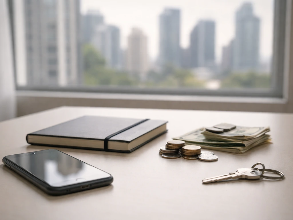 Unbranded desk scene with a close-up of a smartphone and cash beside a blurred city skyline.