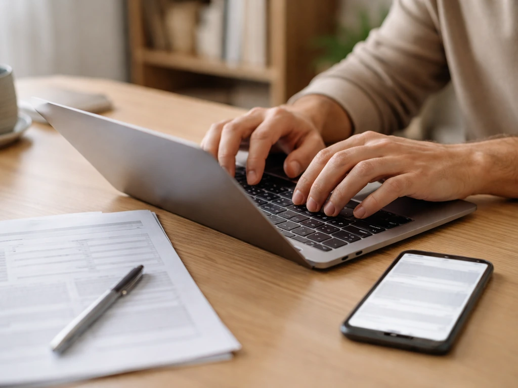 Hands reviewing blank proxy documents beside a laptop with a non-readable browser page.