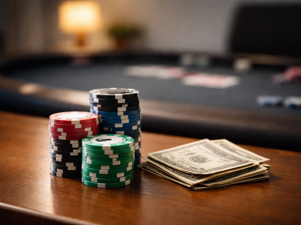 Poker tournament payout theme: cash and poker chips on a desk with blurred card table background