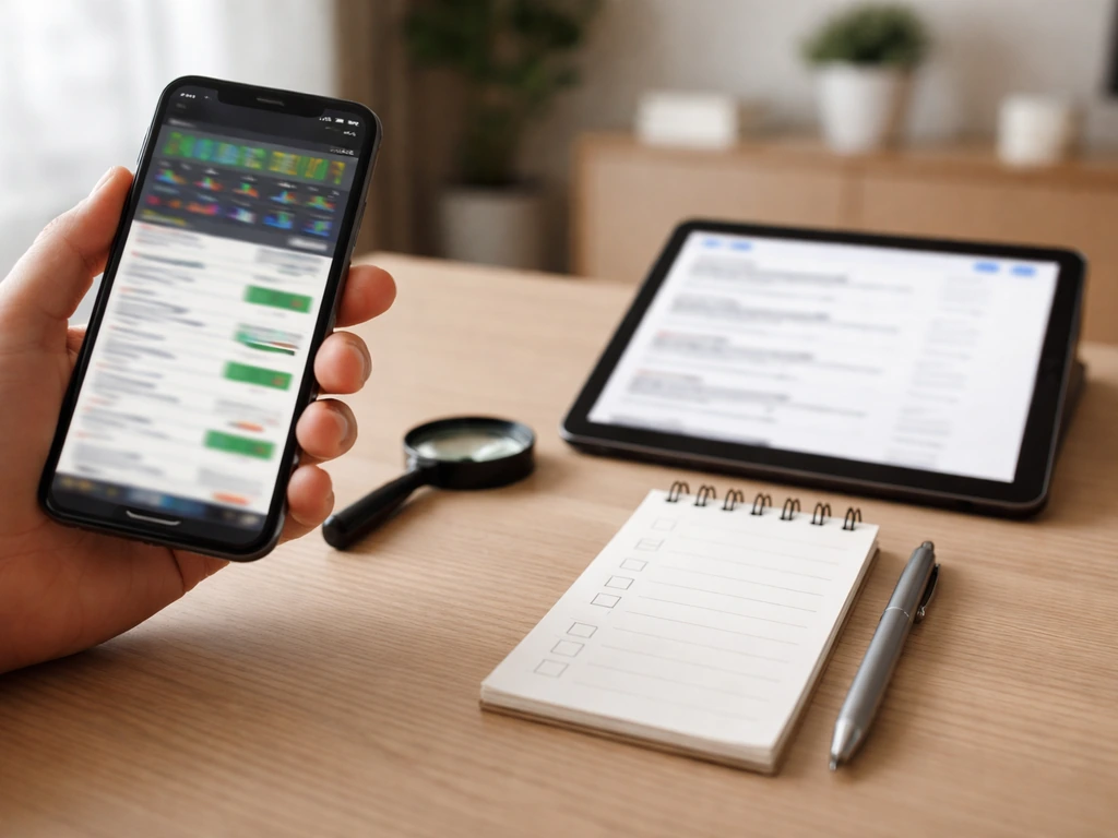 Phone and tablet on a desk with a blank checklist notepad and pen, suggesting how to verify earnings info.