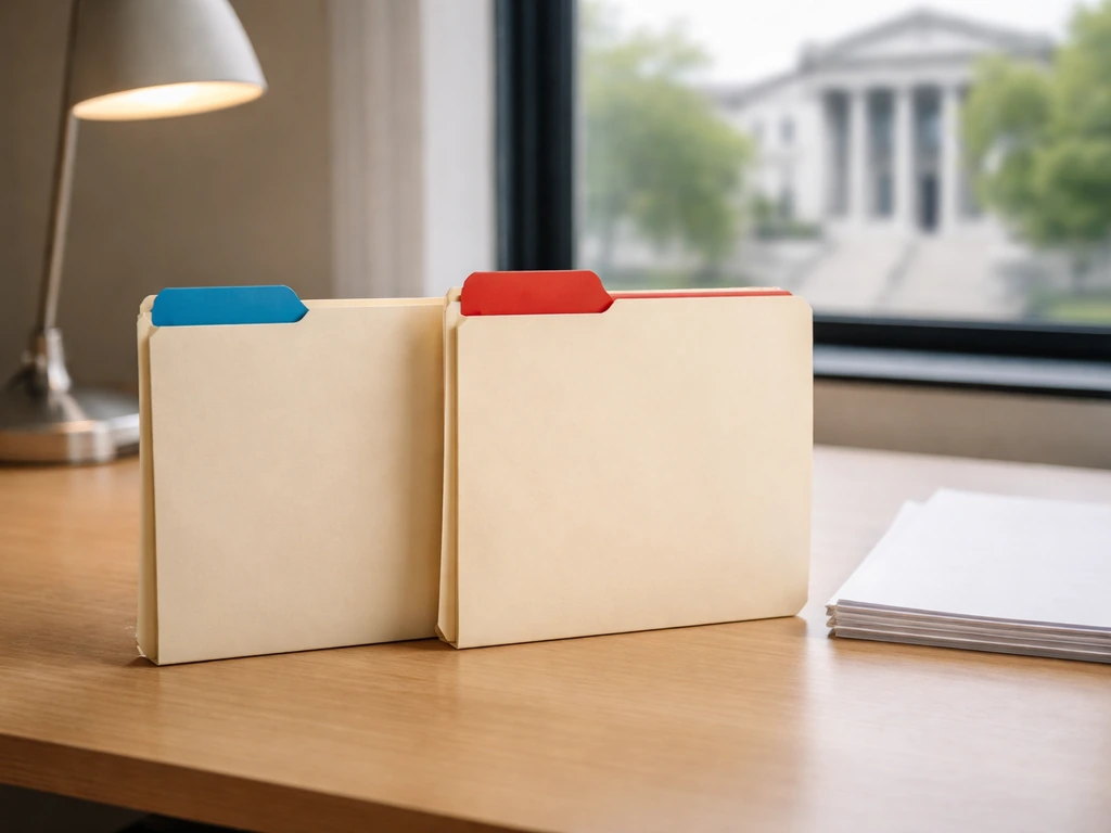 Two neatly separated file folders on a desk, one labeled only by color cues, suggesting identity verification