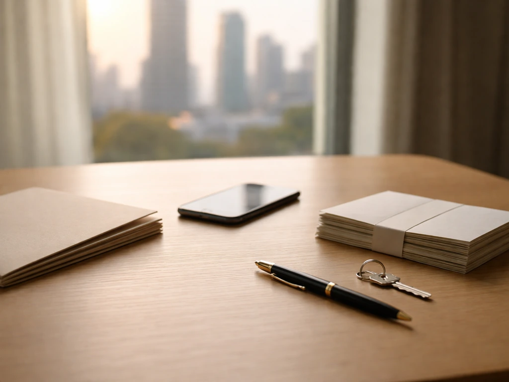 Minimal photo of a tidy desk with documents, a smartphone, and a blurred city view suggesting wealth sources.