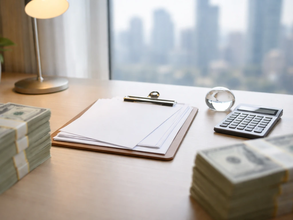 Minimal office desk with blank papers, calculator, and money stacks symbolizing net-worth estimate differences.