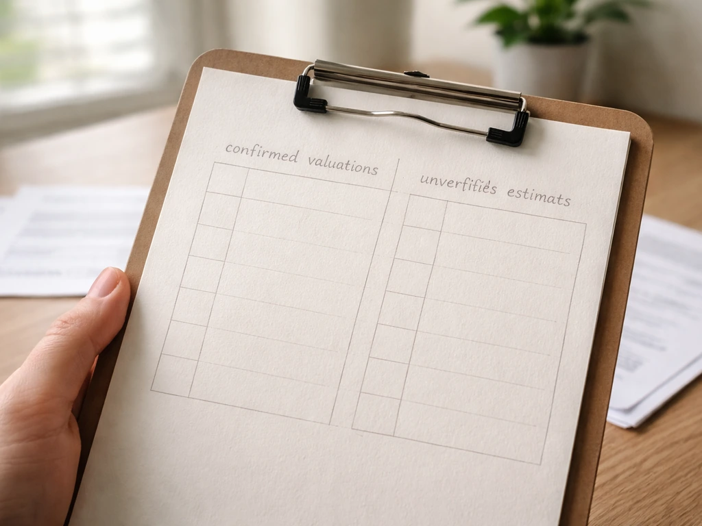 Hand holding a clipboard with handwritten-style boxes separating confirmed valuations from unverified estimates.