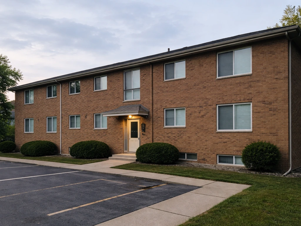 Exterior of a small brick apartment building with walkway and parking spaces, no people or signage.