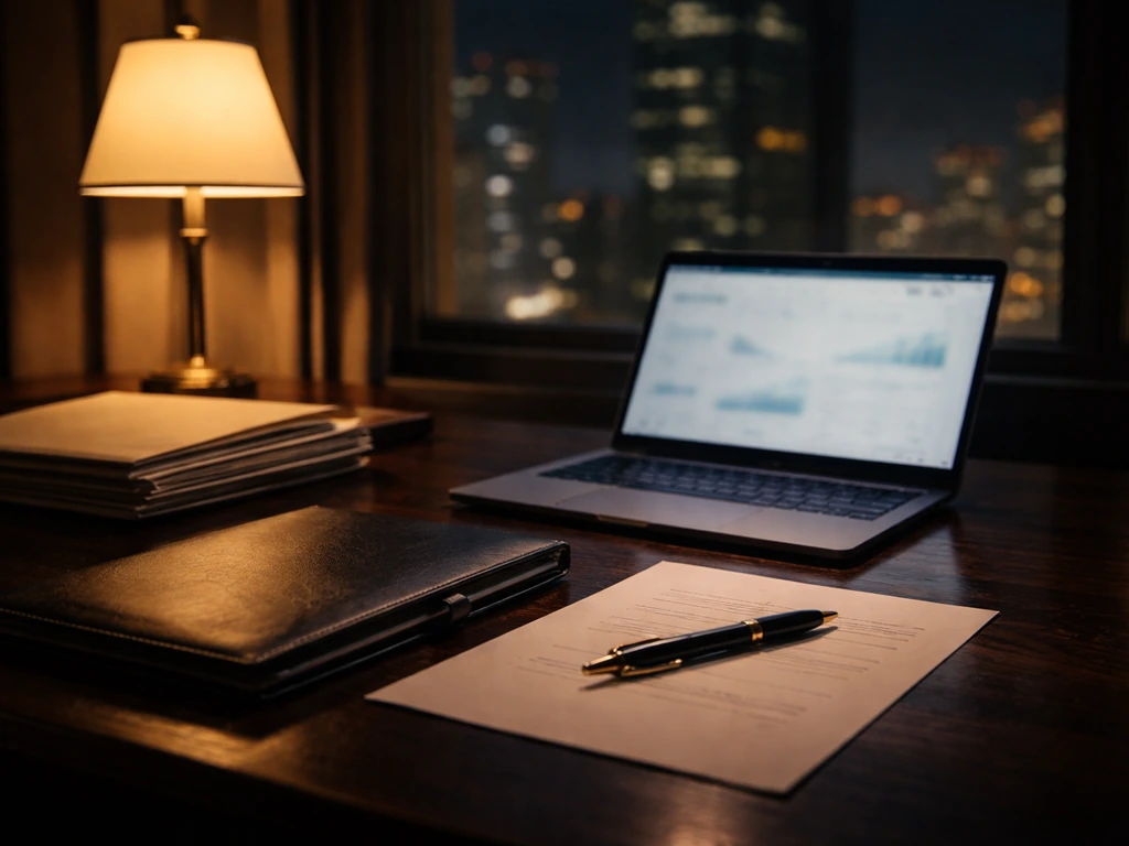 Dim private equity office desk with laptop and blank investment folders, no people present.