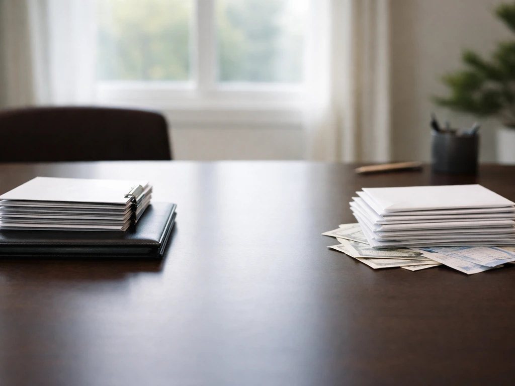 Two contrasting piles on an office desk symbolizing assets on one side and liabilities on the other.