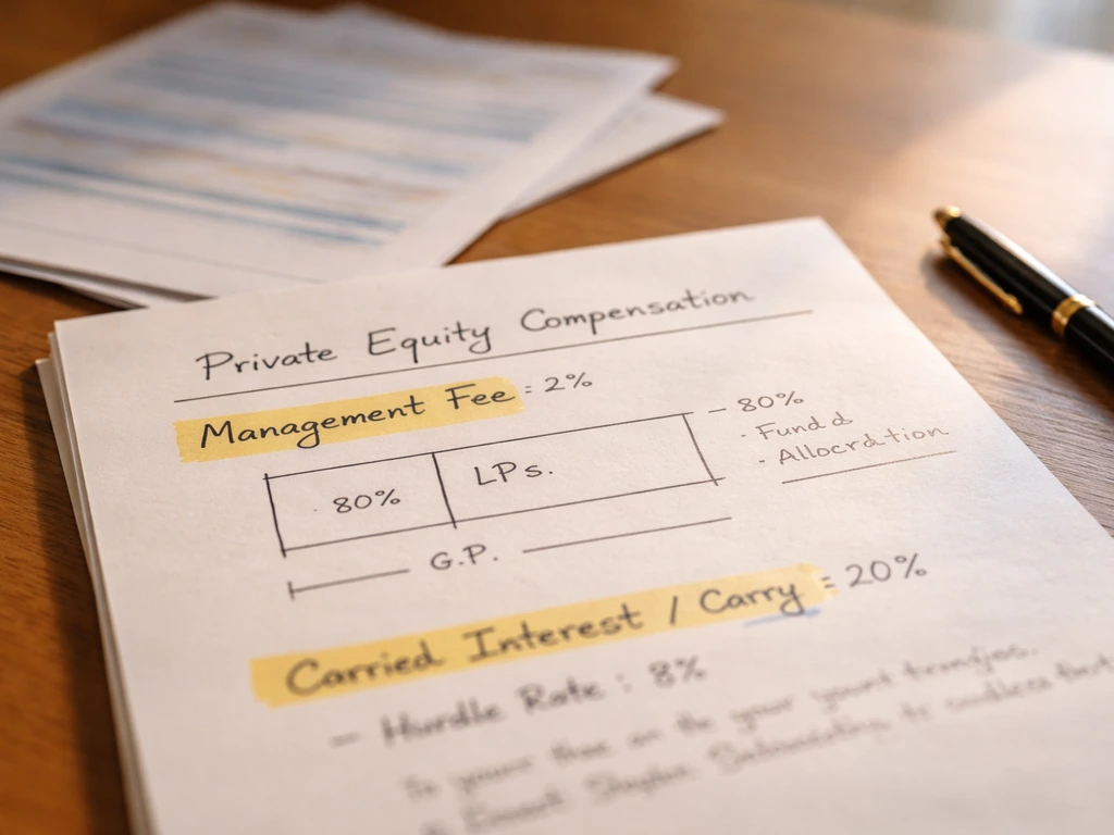 Close-up of private equity compensation documents and worksheet on a desk with pen and soft natural light.