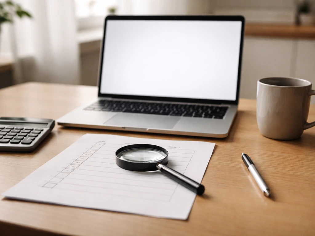 Desk with calculator and magnifying glass over a blank checklist-style paper for verifying estimates