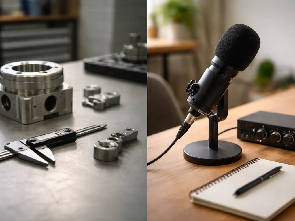 Split scene of machined metal tools and a podcast microphone, suggesting two “Justin Scheller” contexts.