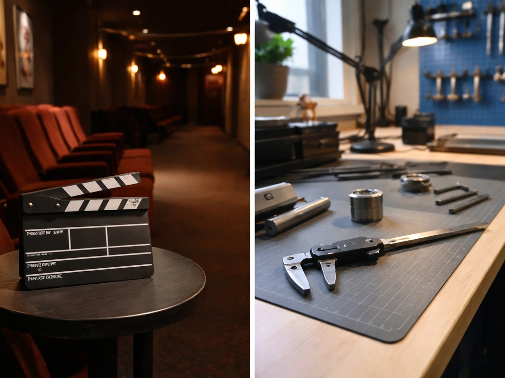 Split side-by-side scenes: vintage clapperboard for acting and precision tools for engineering.