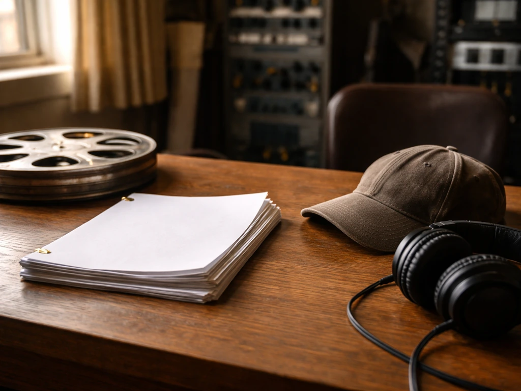 Vintage movie studio setting with film reel, script pages, and a baseball cap on a wooden desk