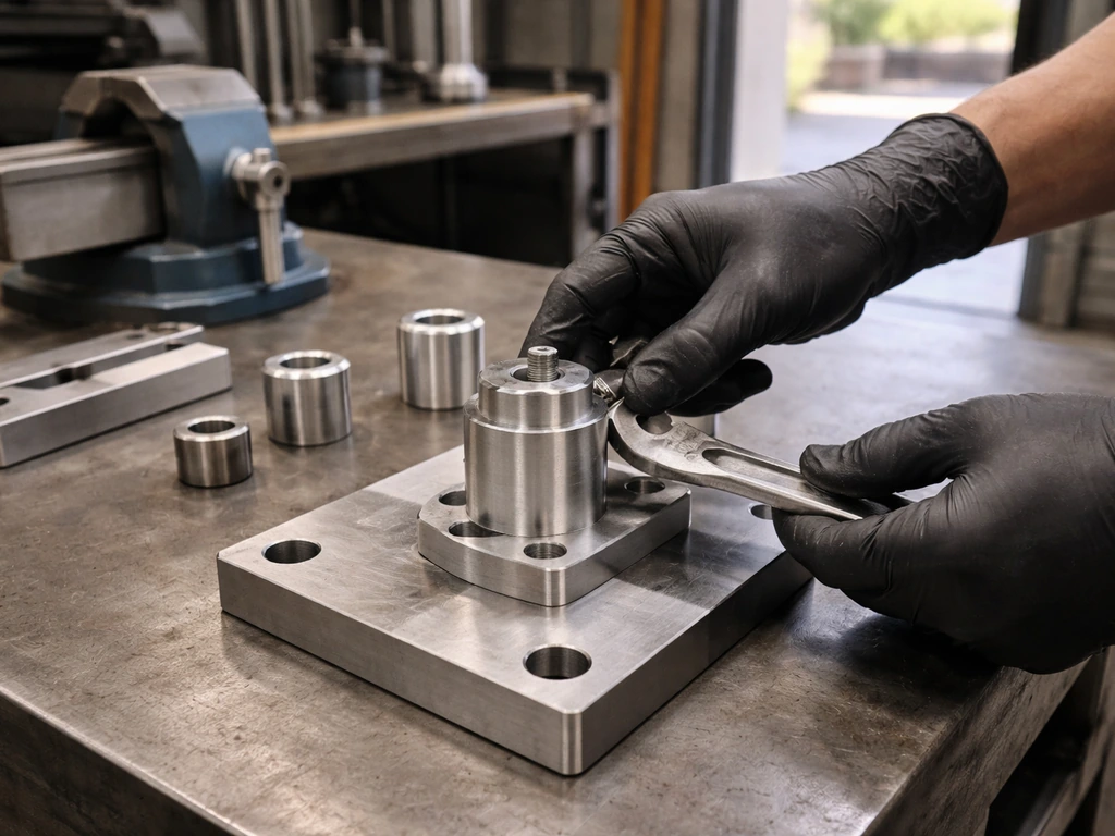 Worker’s hands fitting a precision metal part in a Phoenix metal fabrication shop