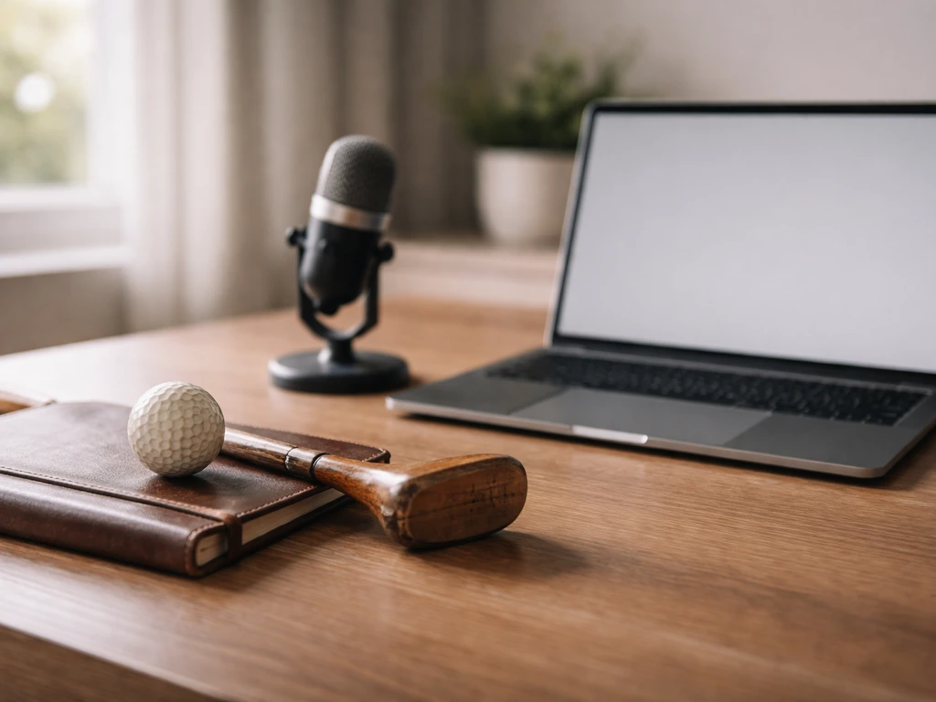 Minimal home office desk scene with microphone and golf items, suggesting credible finance research.