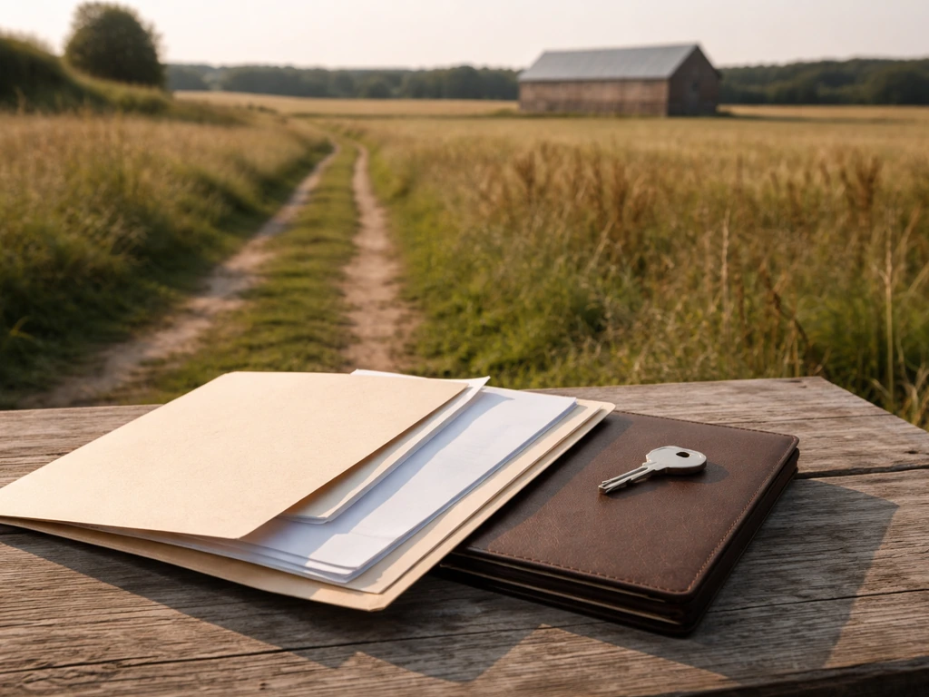 Minimal symbolic scene of a property and financing paperwork representing assets minus liabilities