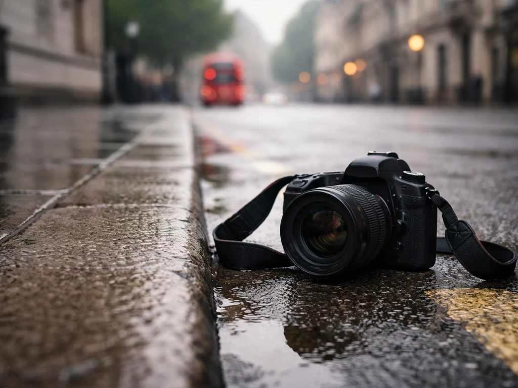 Street photographer’s camera and lens on a London curb near a quiet street at golden hour