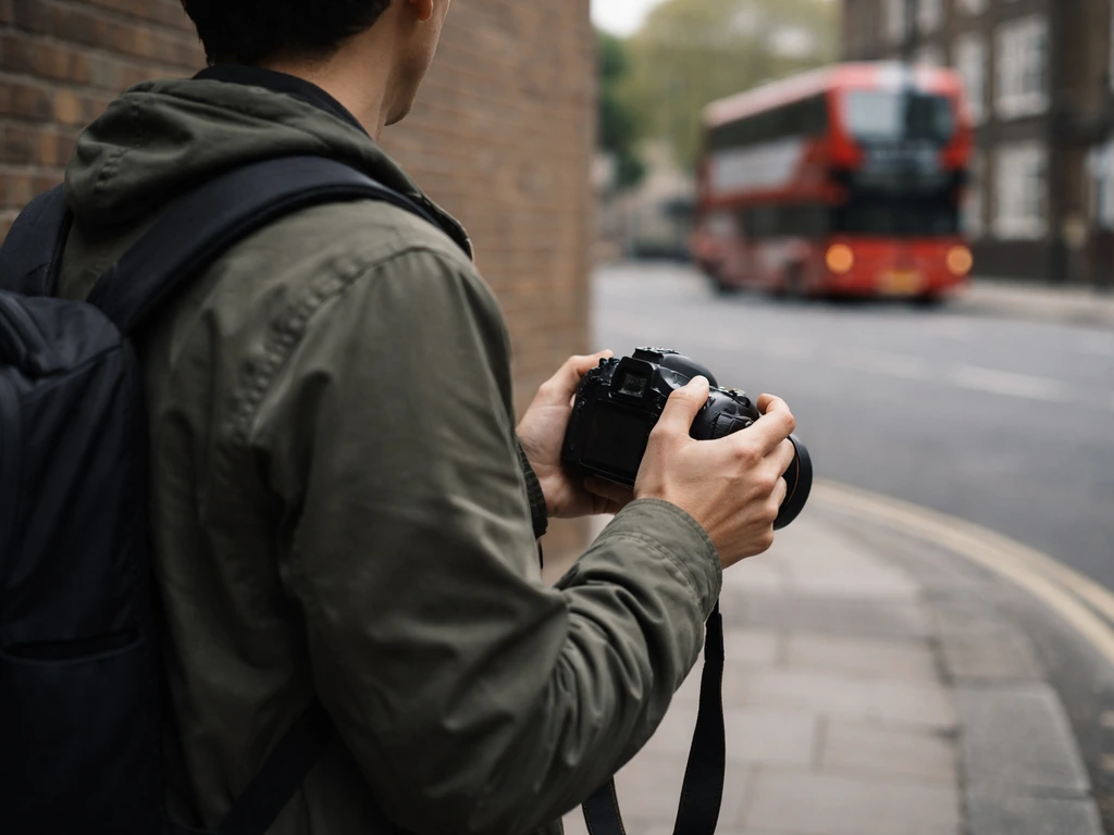 An anonymous photographer at a quiet London street corner holding a camera, symbolic identity check