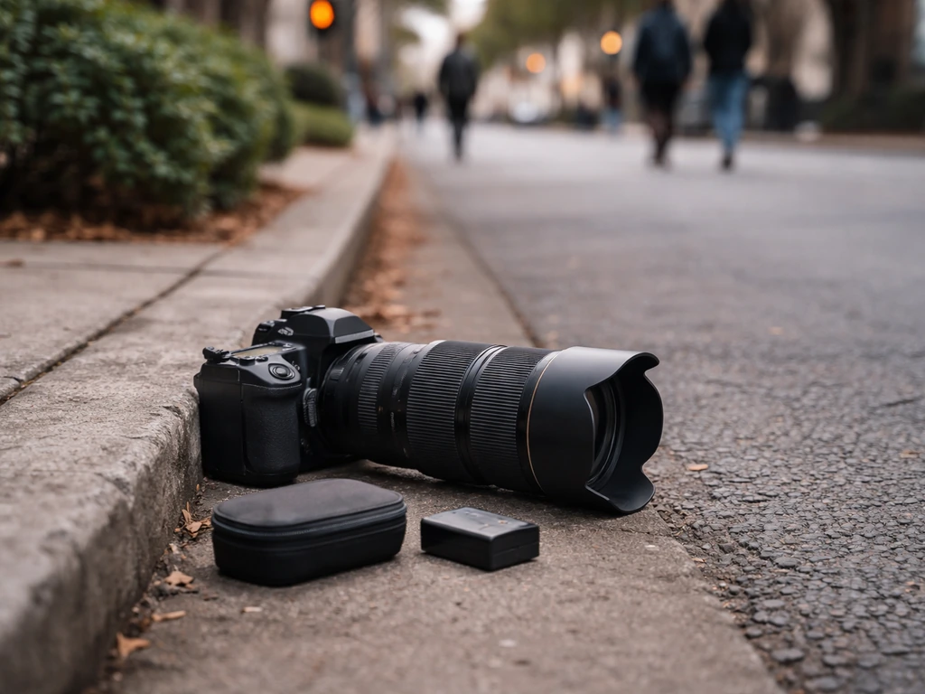 Street photography scene with a camera and lens on a curb, suggesting premium photo business activity.