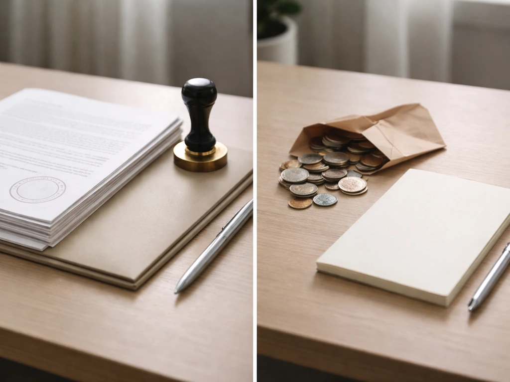 Minimal split scene showing verified documents and estimated-style money symbolism