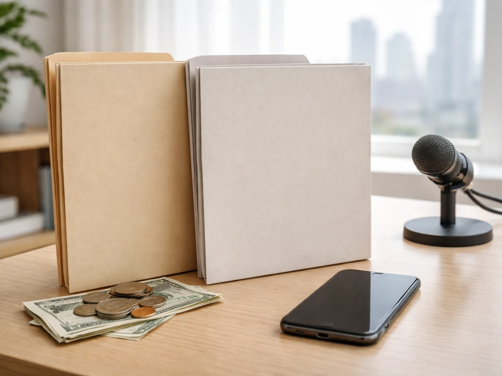 Two folders side-by-side on a desk with coins and a phone, symbolizing mixed-up search identities.