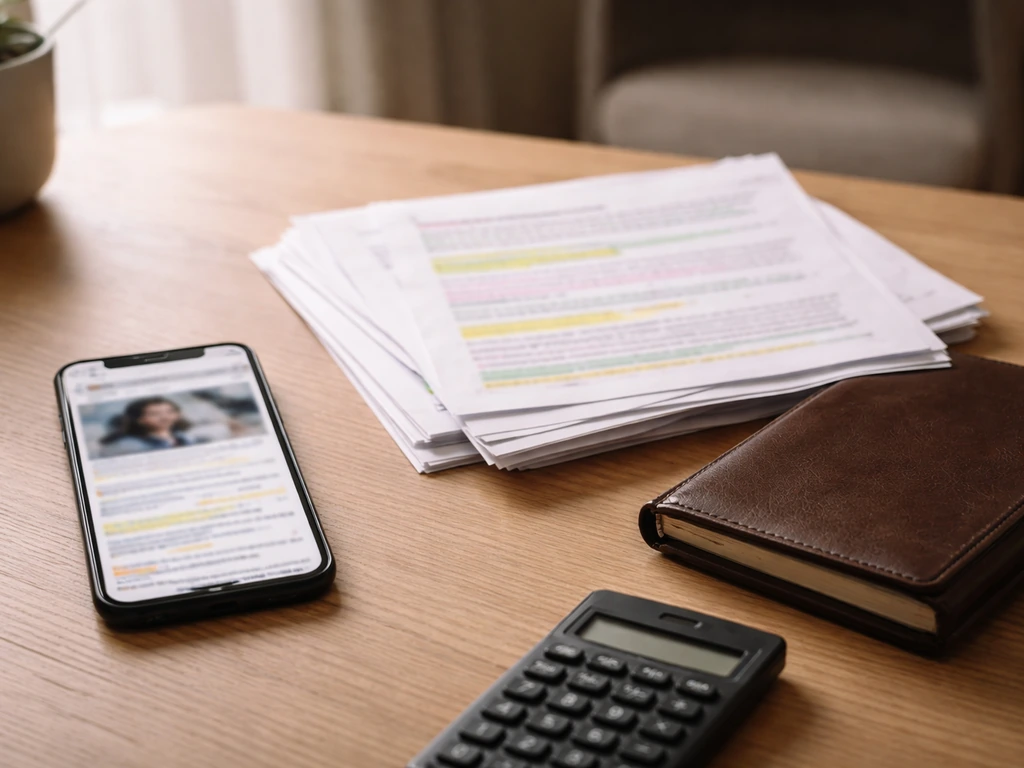 Minimal desk scene with a blurred finance webpage on a phone and source papers for verifying an estimate