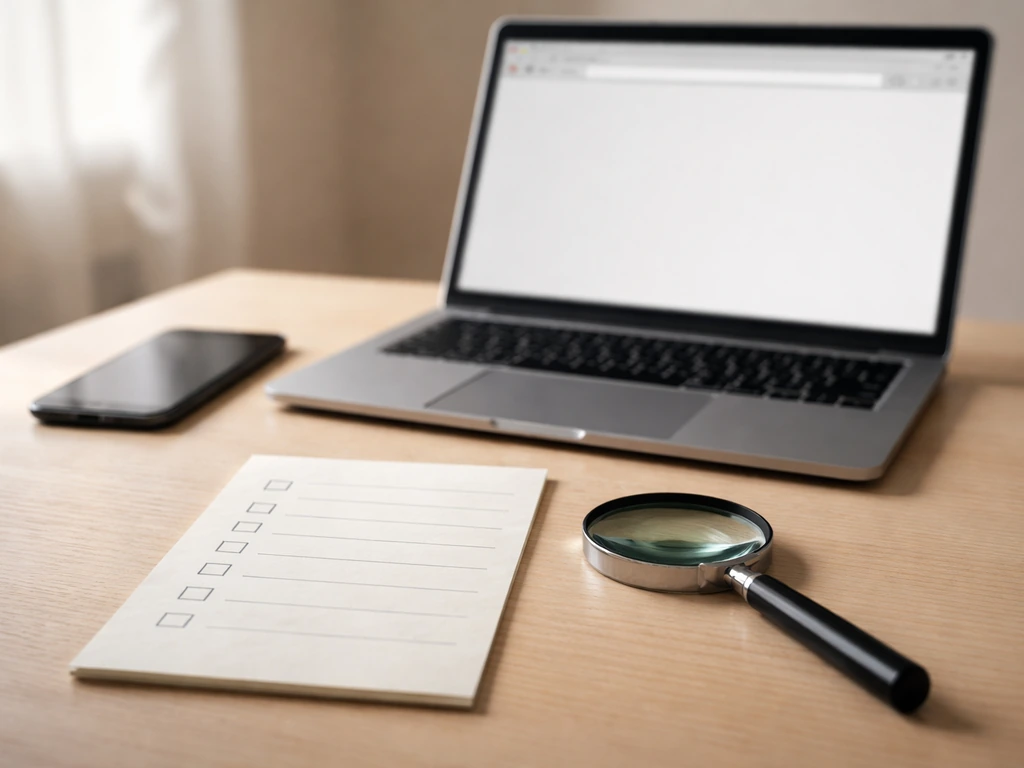 Desk scene with laptop, smartphone, checklist paper, and magnifying glass suggesting source verification.