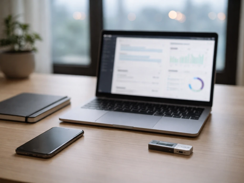 Minimal desk scene with a laptop, smartphone, and hardware wallet suggesting fintech and blockchain analysis