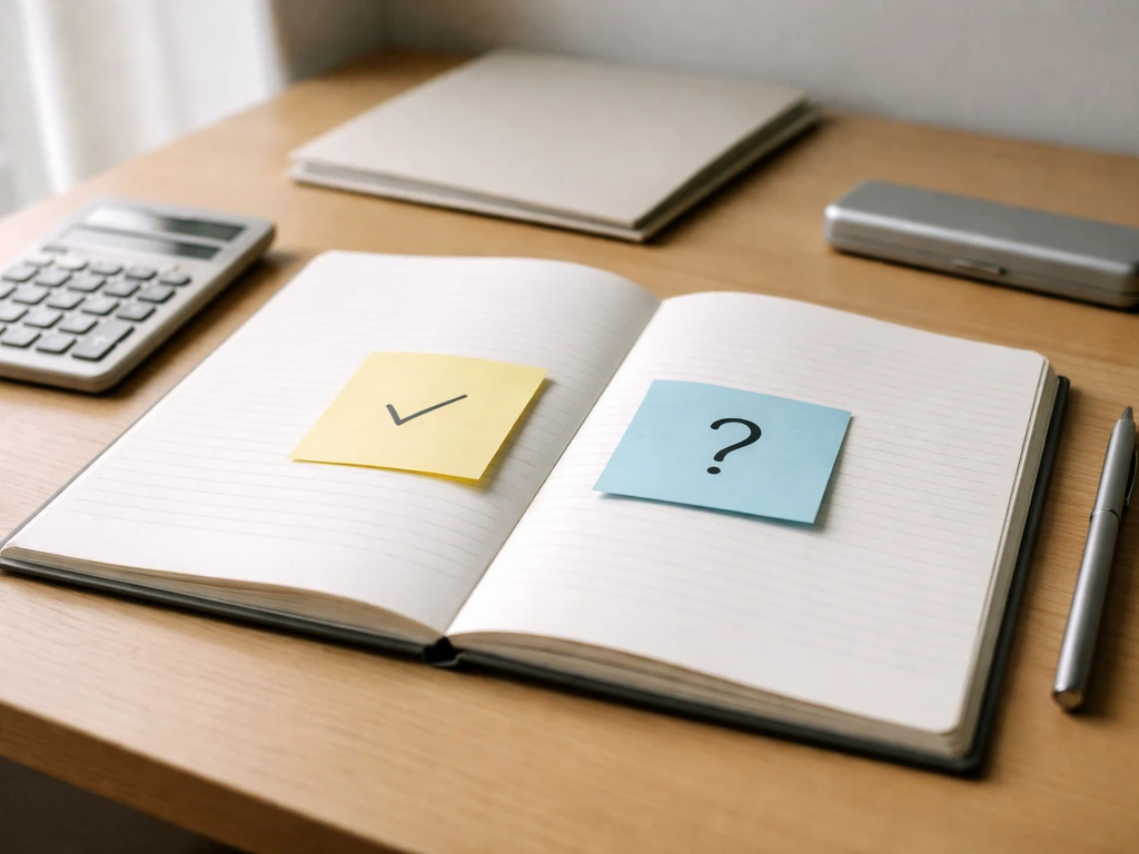 Minimal desk scene with check and question icons on notes beside a notebook and calculator.
