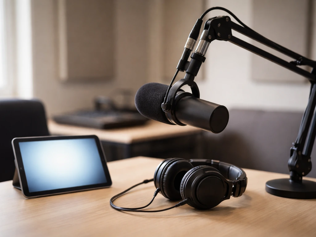A quiet sports radio studio desk with a microphone, headphones, and a tablet showing a generic broadcast screen