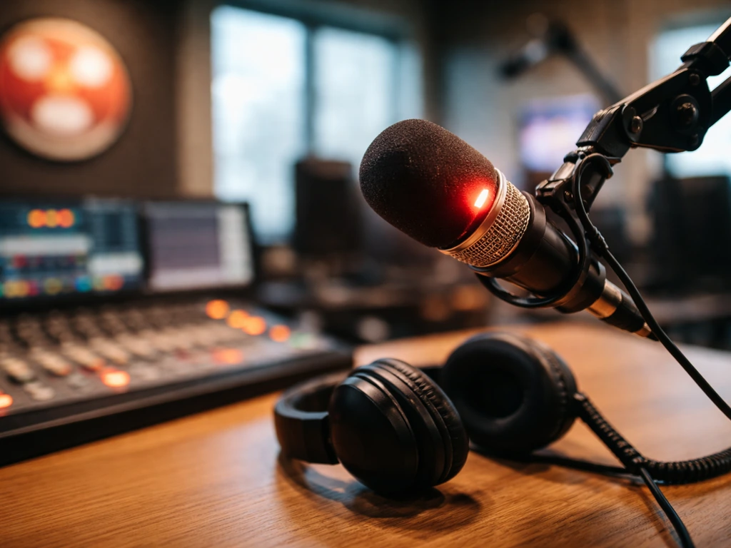 Close-up of a studio microphone and headphones symbolizing an on-air radio income source.