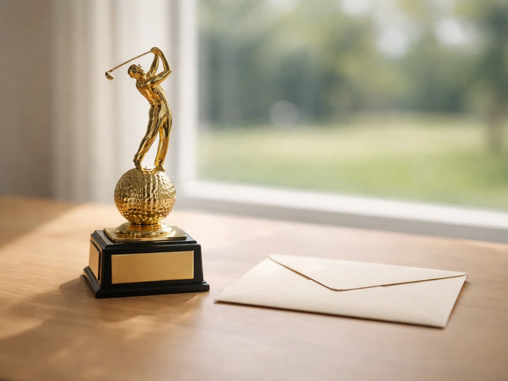Golden golf trophy beside a sealed envelope, softly lit to suggest tournament prize money context.