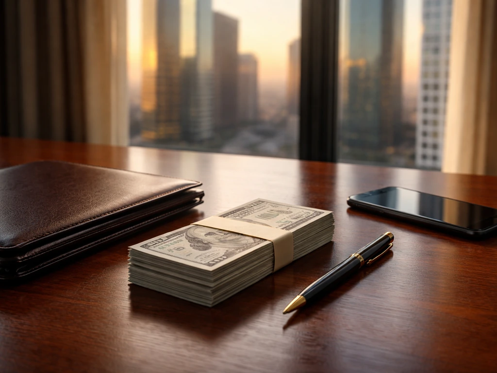 Money on a luxury finance desk with a pen and phone, city view softly blurred in background.
