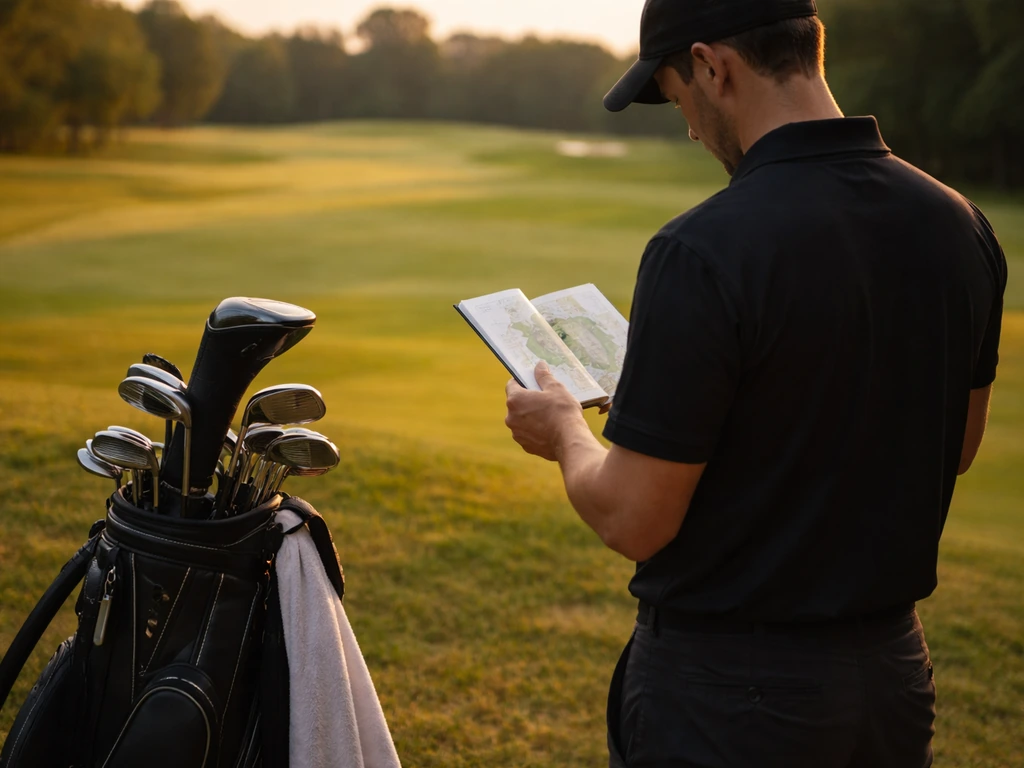 Anonymous caddie holding a yardage book beside a golf bag on a calm course fairway.