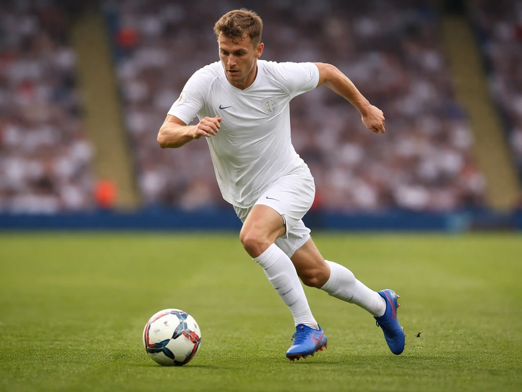 Anonymous footballer sprinting with the ball on a grass pitch under daylight