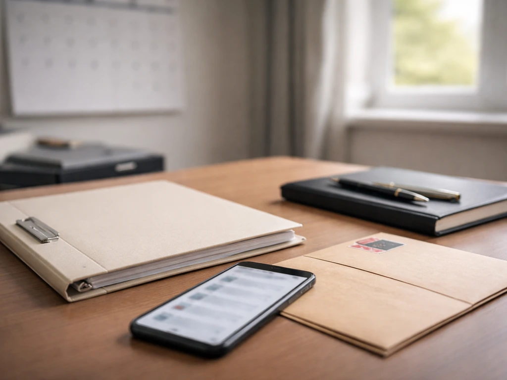 Close-up of office paperwork and a phone beside a binder, symbolizing corporate records verification.