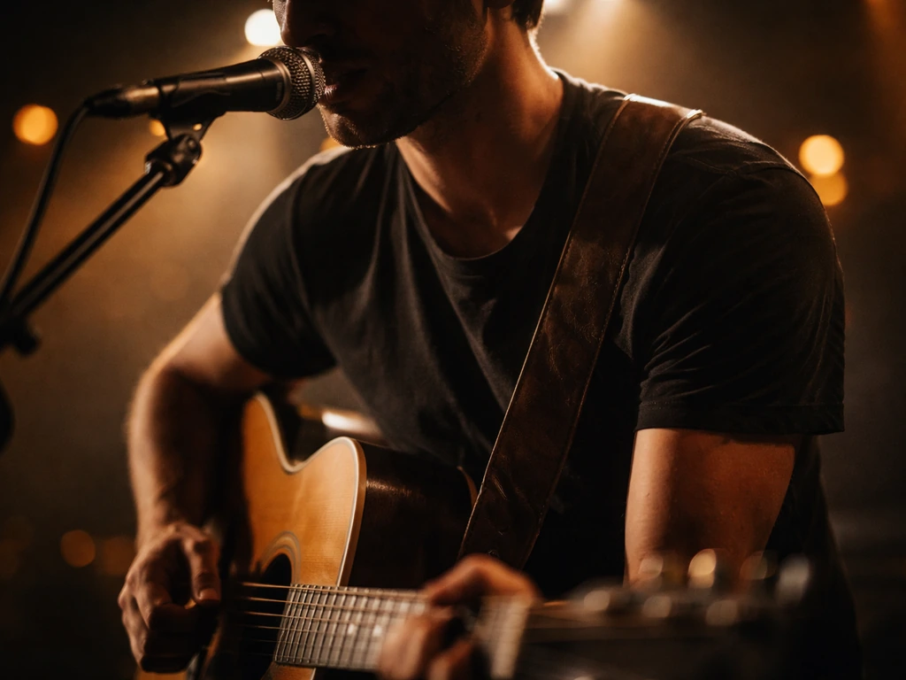 Benjamin E. Schneider performing on stage under warm lights with a guitar, captured mid-song