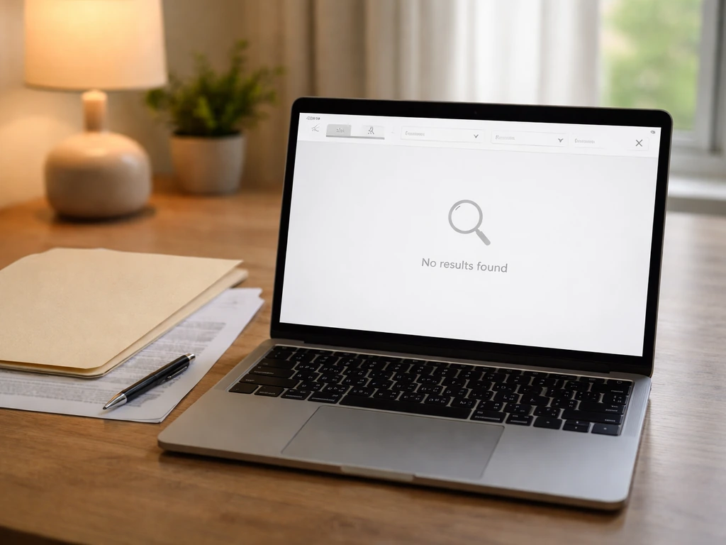 Minimal desk scene with a computer showing empty search results and a music rights paper folder, no text visible.