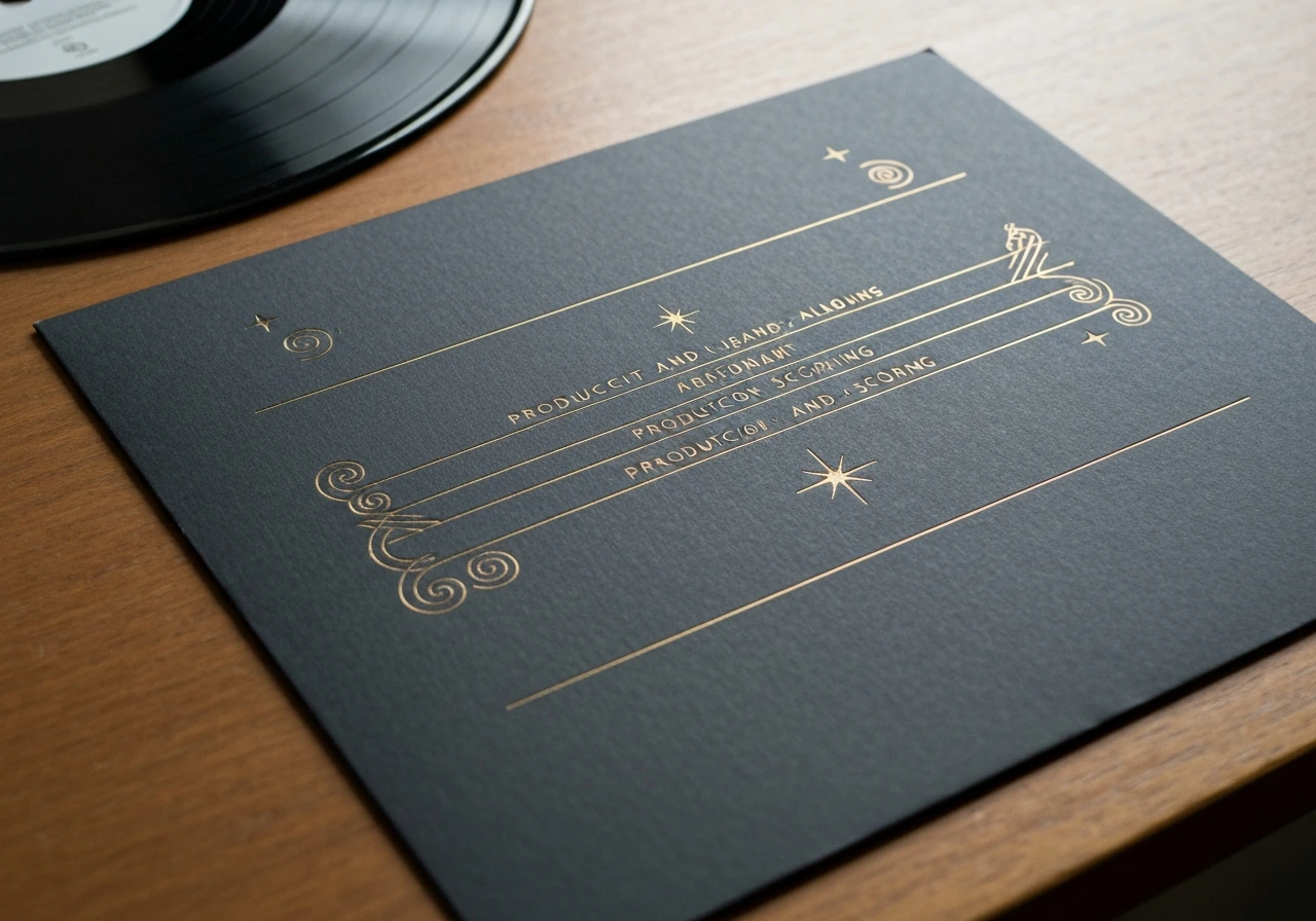 Close-up of a dark vinyl album sleeve with embossed gold lettering-style credit lines and a music-themed layout