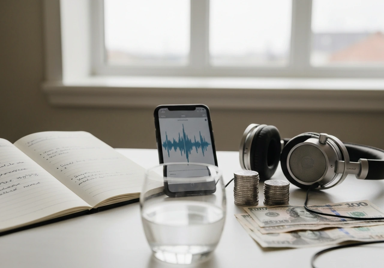 Minimal desk scene with studio headphones, blurred notebook, phone audio waveform, and money symbols.