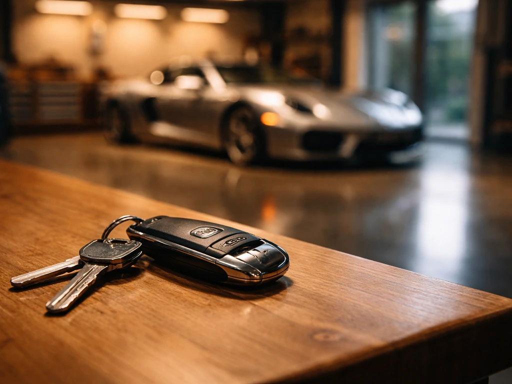 Close-up of luxury car keys and a sleek key fob on a workbench with blurred modern garage lights
