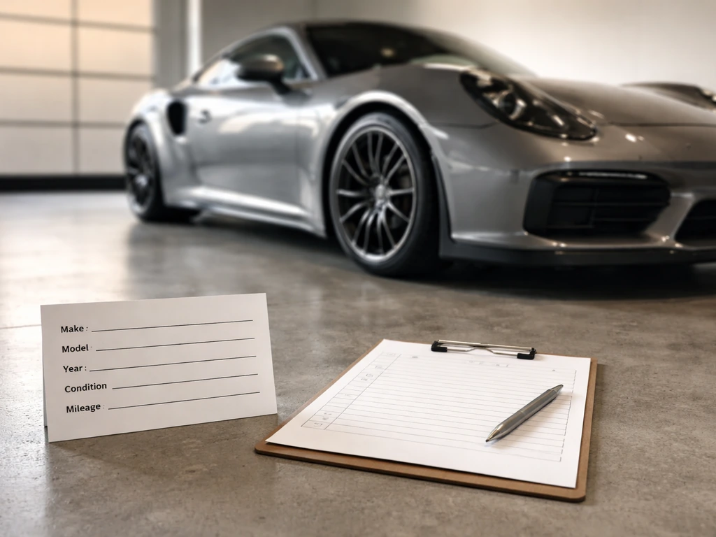 Close-up of a luxury car with a blank appraisal checklist and spec card beside it on a garage workbench.