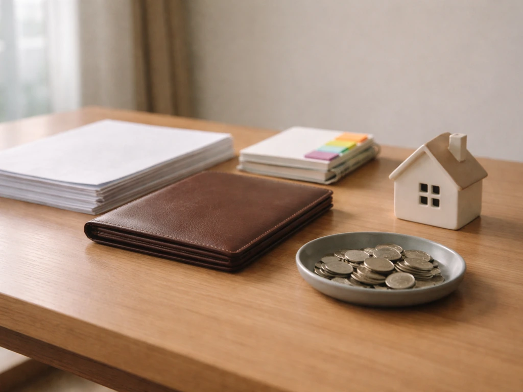 Minimal photo showing documents, a binder, and a small house model symbolizing non-car assets