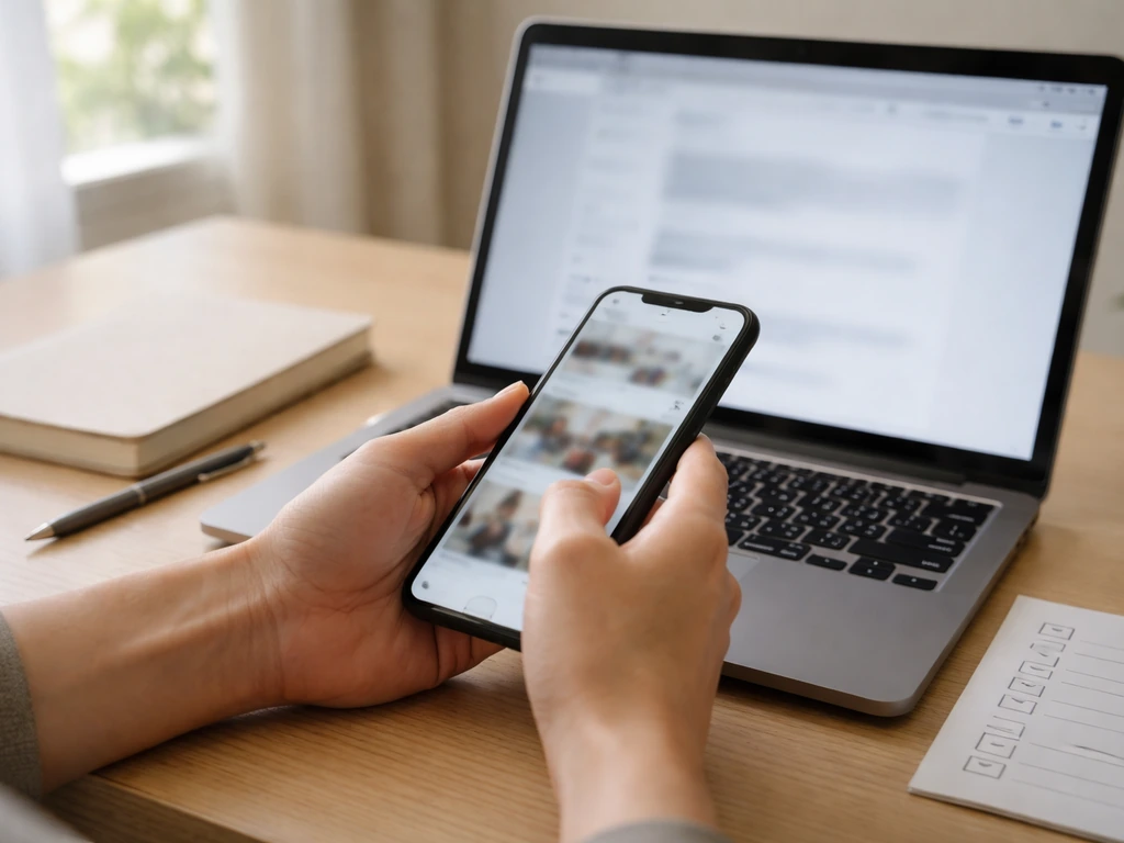 Hands using a laptop with a smartphone showing a generic social feed and a simple checklist